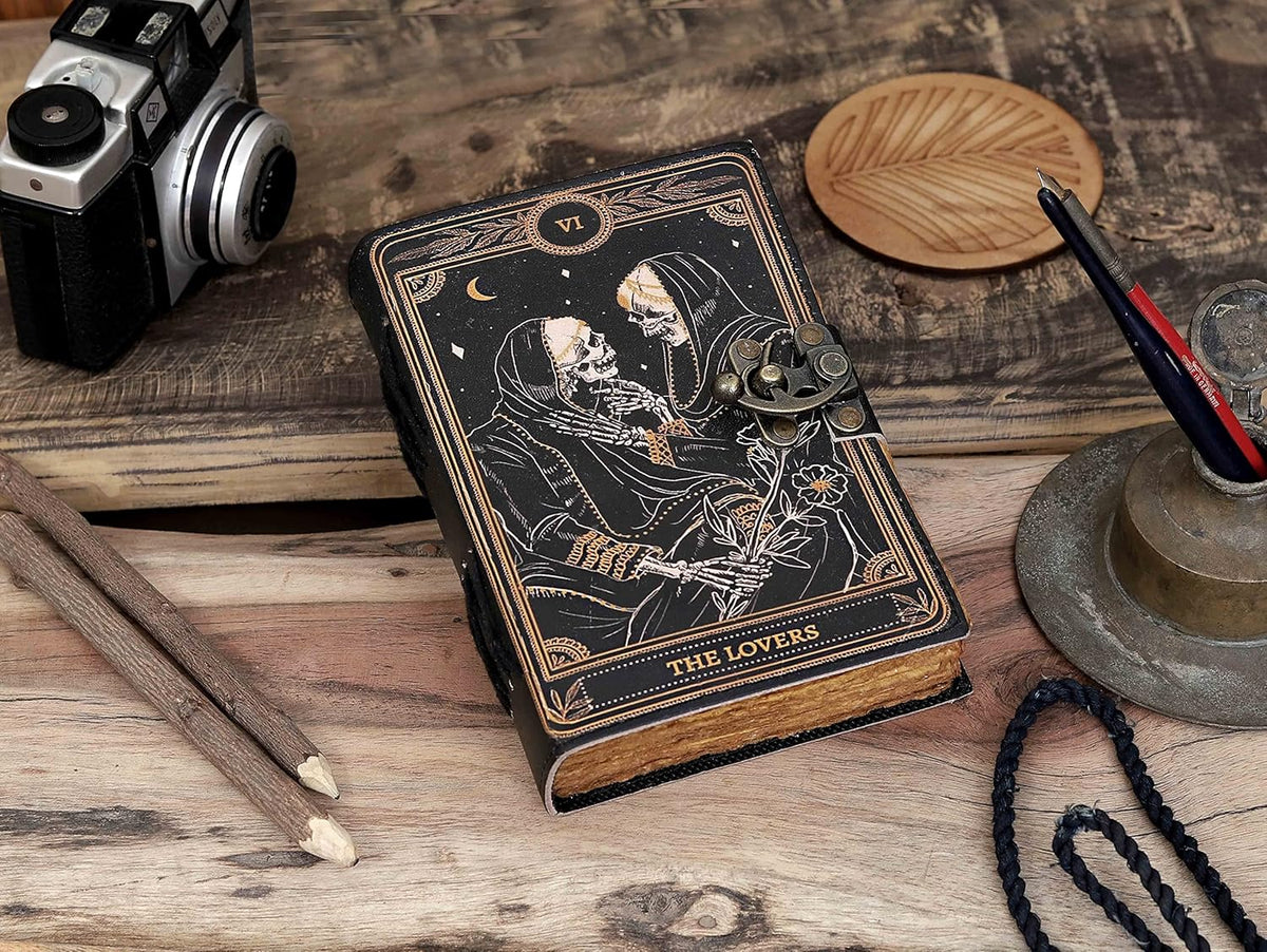 Leather Journal Deckle Edge Paper Grimoire Printed Journal The Lovers Tarot Notebook - denverleathercraft