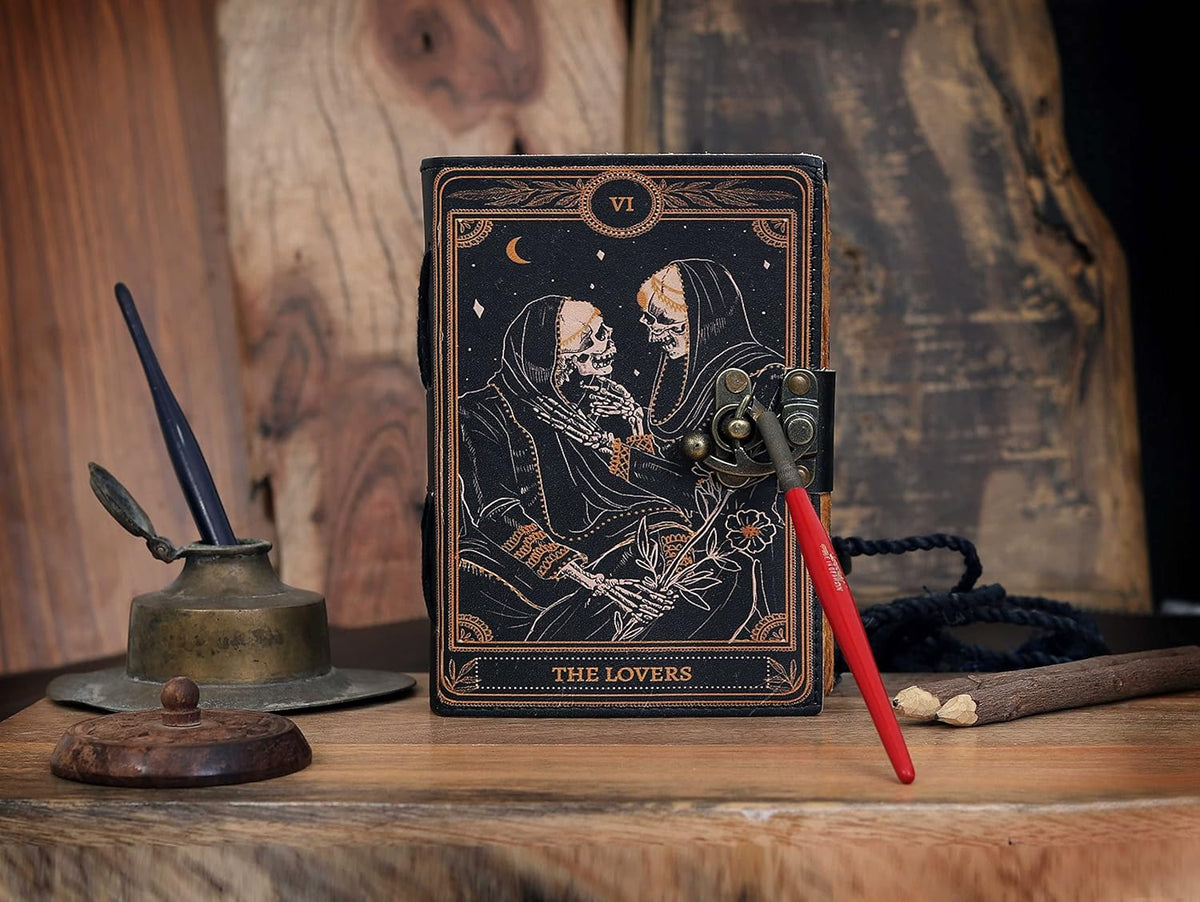 Leather Journal Deckle Edge Paper Grimoire Printed Journal The Lovers Tarot Notebook - denverleathercraft