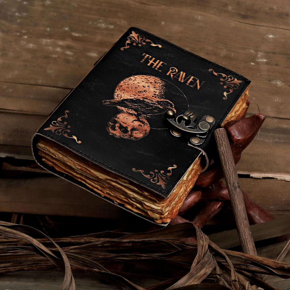 Leather Gothic Journal Magical Raven Skull Notebook - denverleathercraft