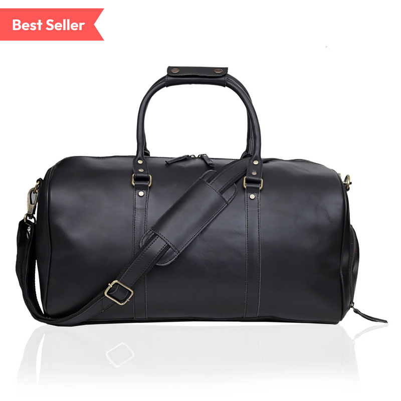 ALEXANDER LEATHER DUFFEL BAG FOR MEN - BLACK & WOMEN LEATHER DUFFLE BAG - BLACK-combo - denverleathercraft