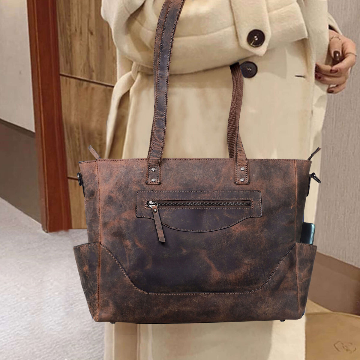 MARILYN BUFFALO LEATHER LAPTOP TOTE BAG - denverleathercraft