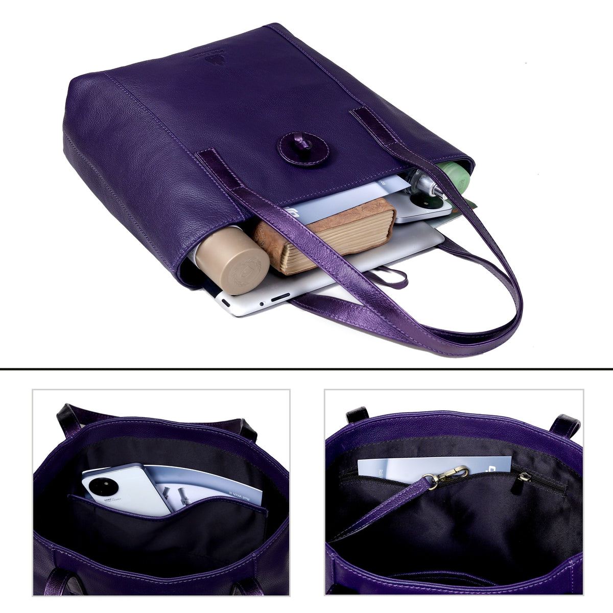 SEINNA LEATHER TOTE BAG - PEBBLED METALLIC BERRY PURPLE - denverleathercraft