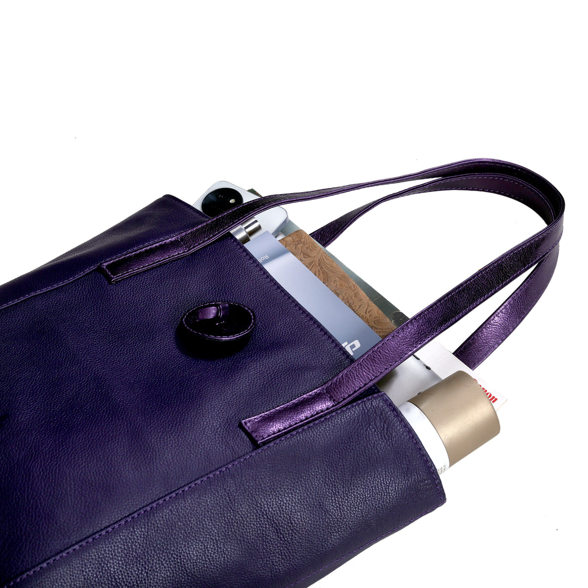 SEINNA LEATHER TOTE BAG - PEBBLED PURPLE - denverleathercraft