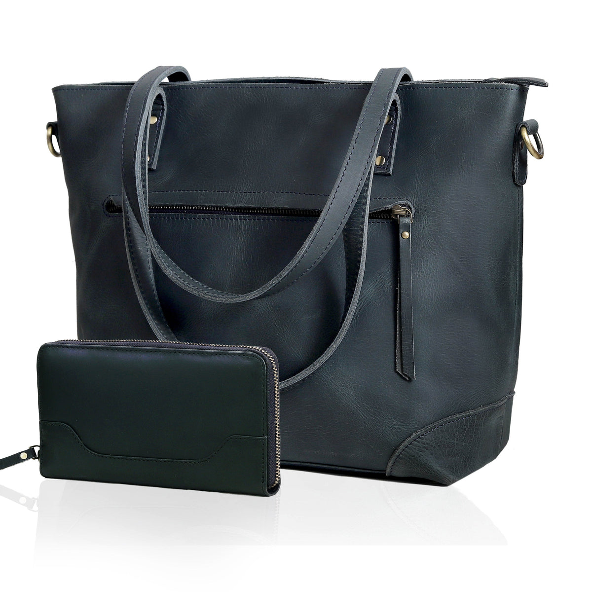 PORTLAND BUFFALO LEATHER TOTE BAG-NAVY - denverleathercraft