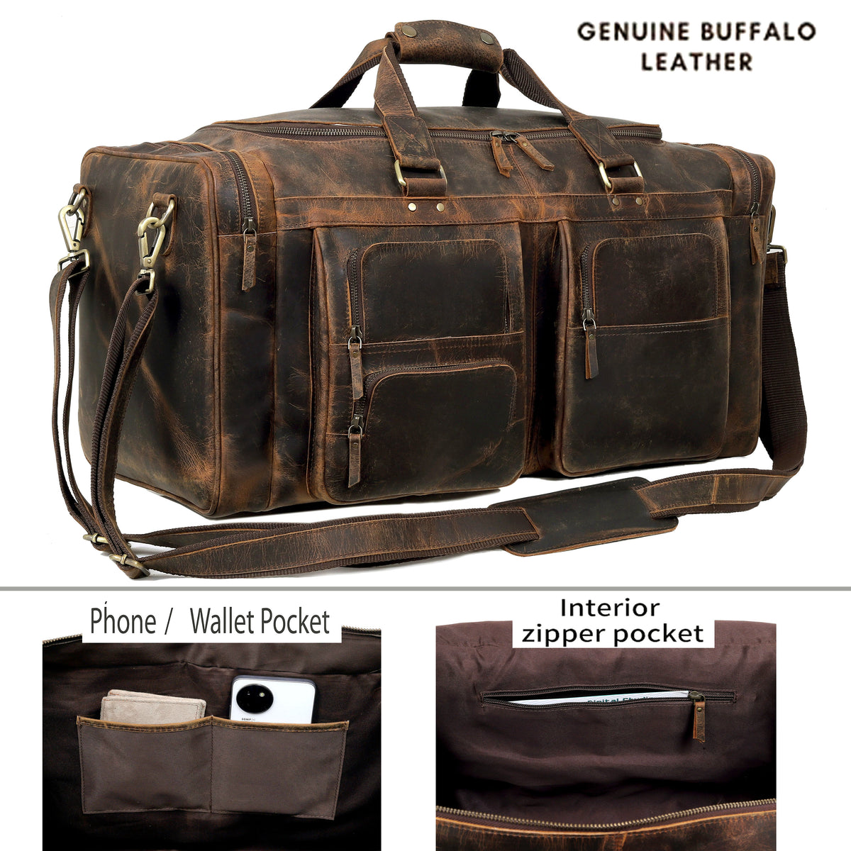 BUFFALO LEATHER DUFFEL WEEKENDER BAG - denverleathercraft