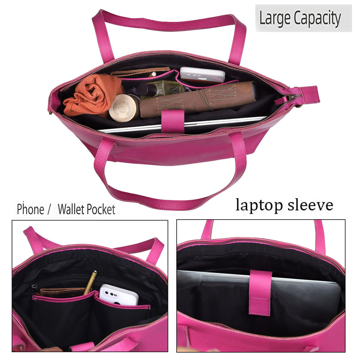 PORTLAND BUFFALO LEATHER TOTE BAG-PINK - denverleathercraft