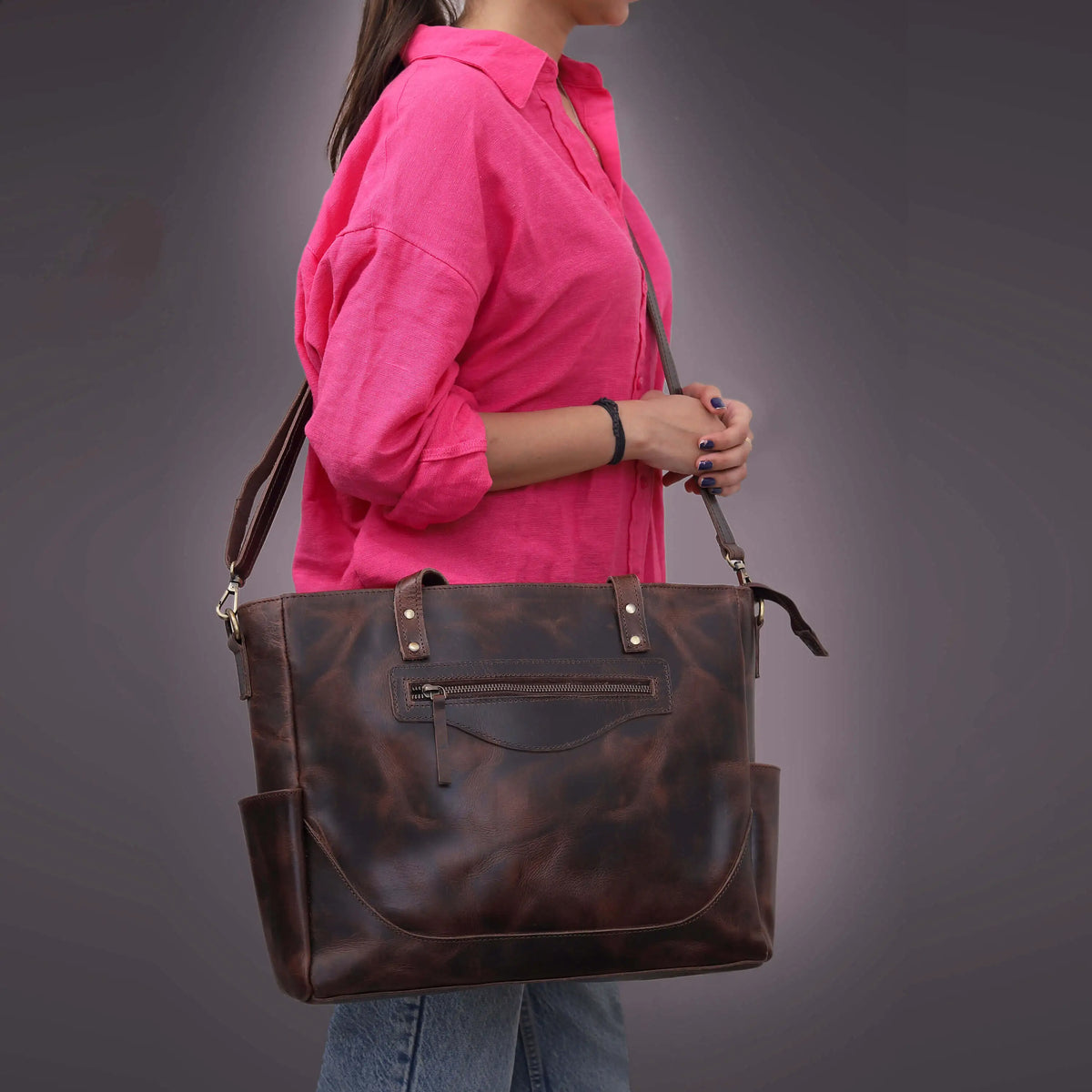 MARILYN BUFFALO LEATHER LAPTOP TOTE BAG - denverleathercraft