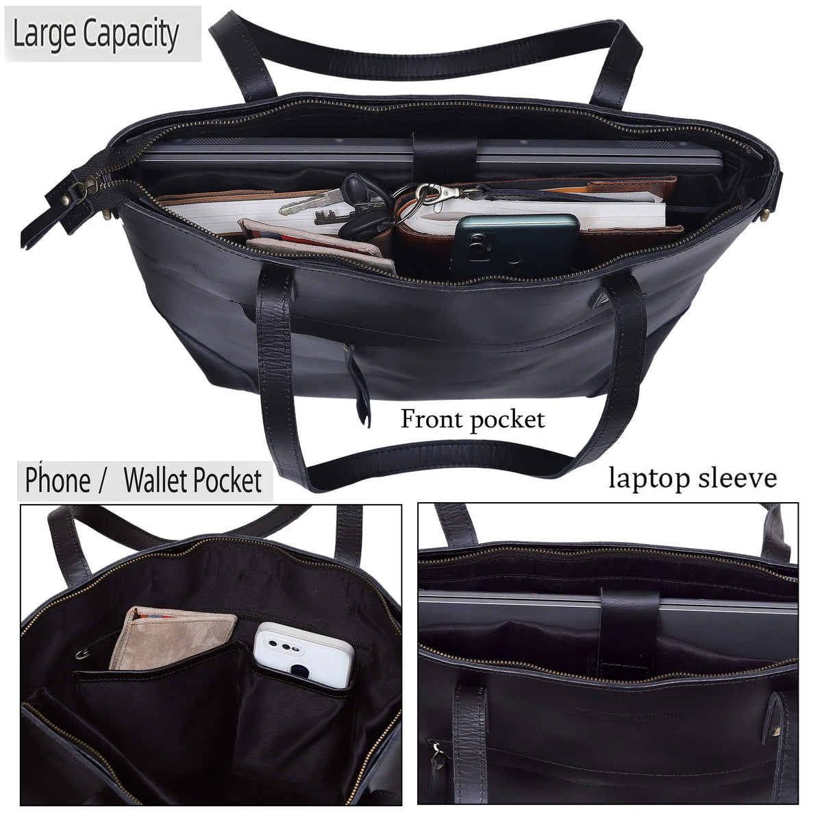 PORTLAND BUFFALO LEATHER TOTE BAG-BLACK - denverleathercraft