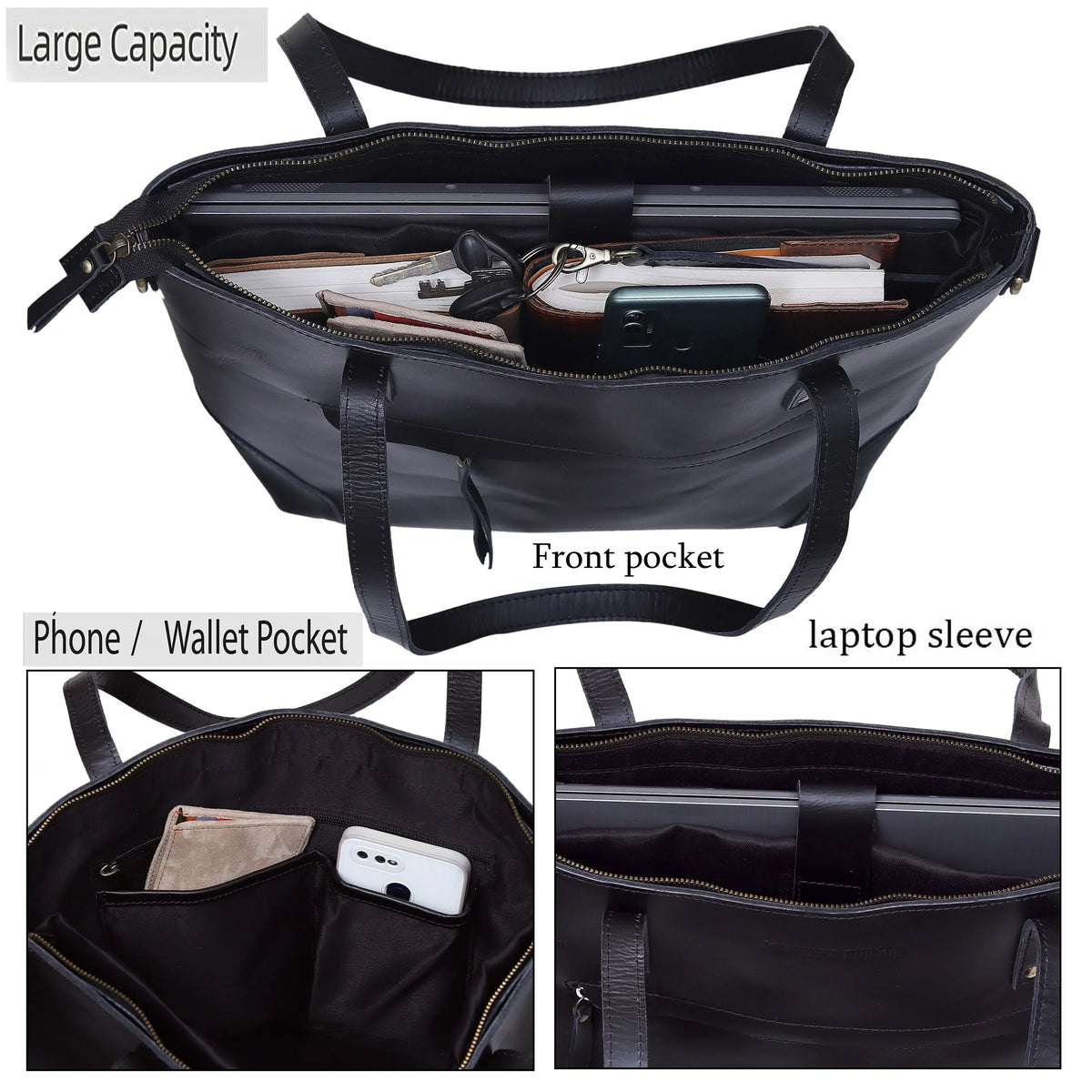 PORTLAND BUFFALO LEATHER TOTE BAG-BLACK - denverleathercraft