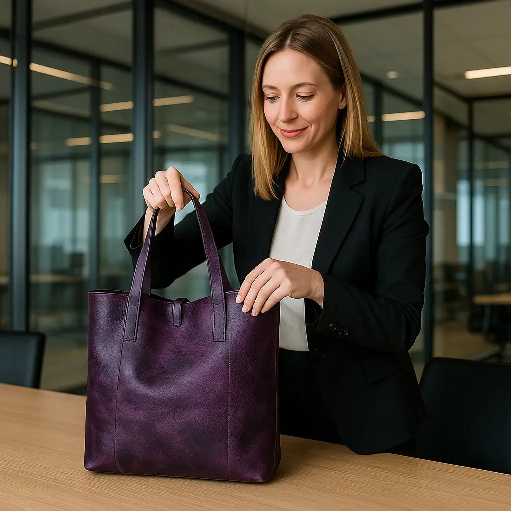 SEINNA LEATHER TOTE BAG - PURPLE - denverleathercraft