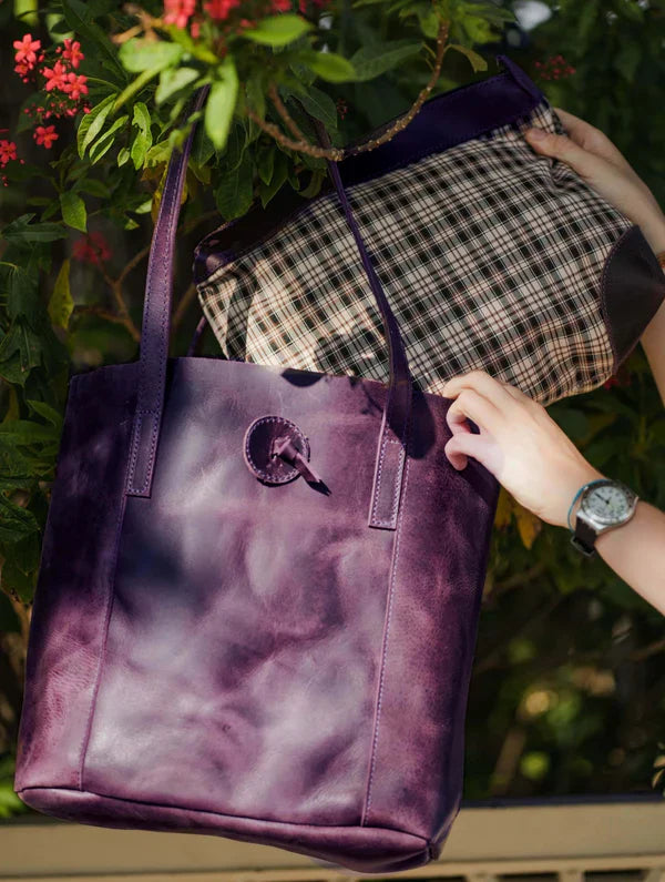 SEINNA LEATHER TOTE BAG - PURPLE - denverleathercraft