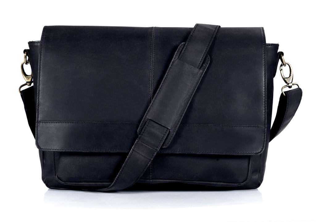 Javis Unisex Black Leather Messenger Bag