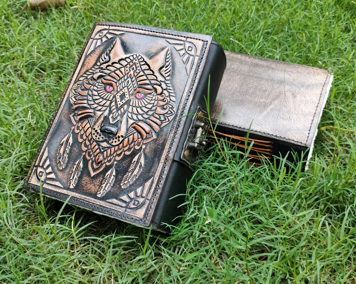 Wolf Embossed Leather Journal – Handcrafted Vintage Diary
