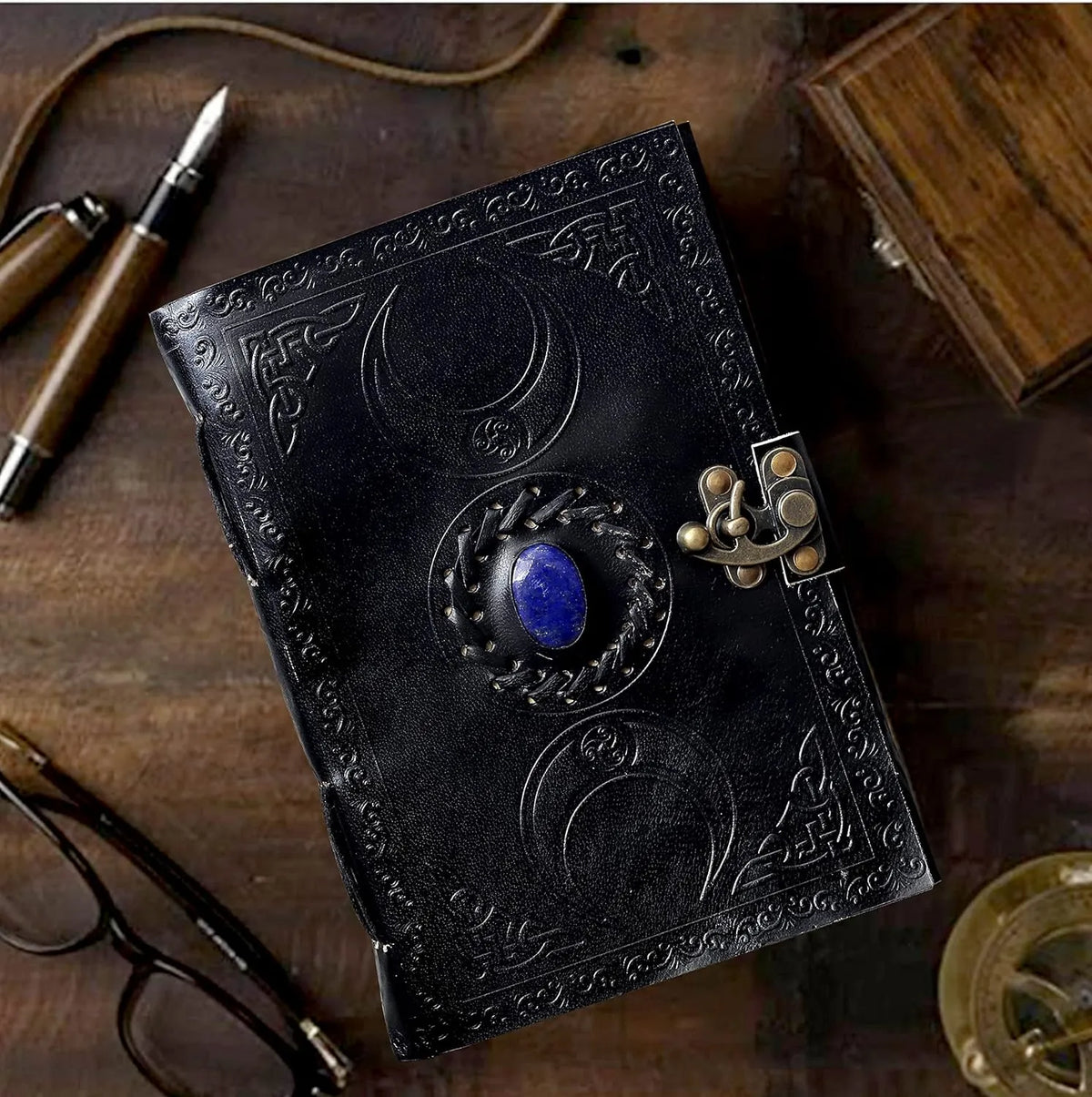 3 Moon Black Lapiz Embossed Vintage Leather Journal