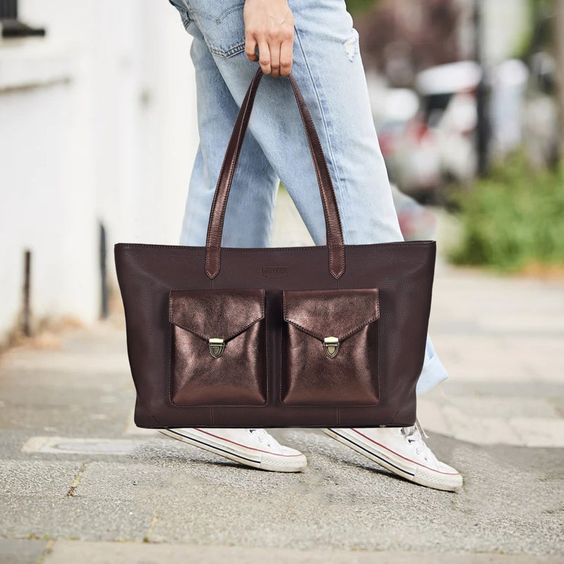 RICHIE RICH LARGE LEATHER TOTE BAG - CHOCO BROWN - denverleathercraft