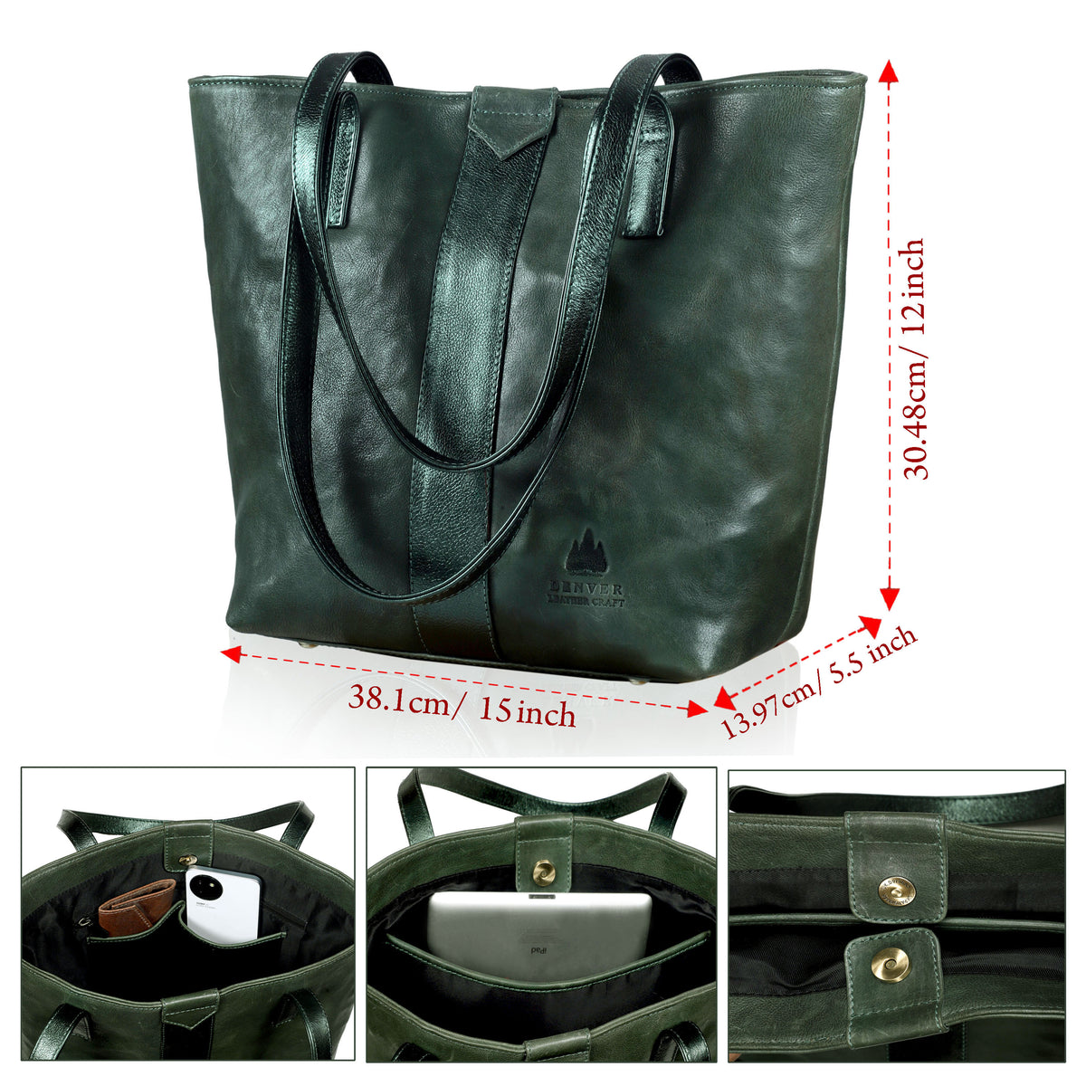 EMERALD LEATHER TOTE BAG - FOREST GREEN