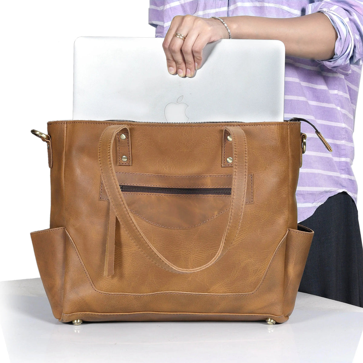 MARILYN BUFFALO LEATHER LAPTOP TOTE BAG - denverleathercraft