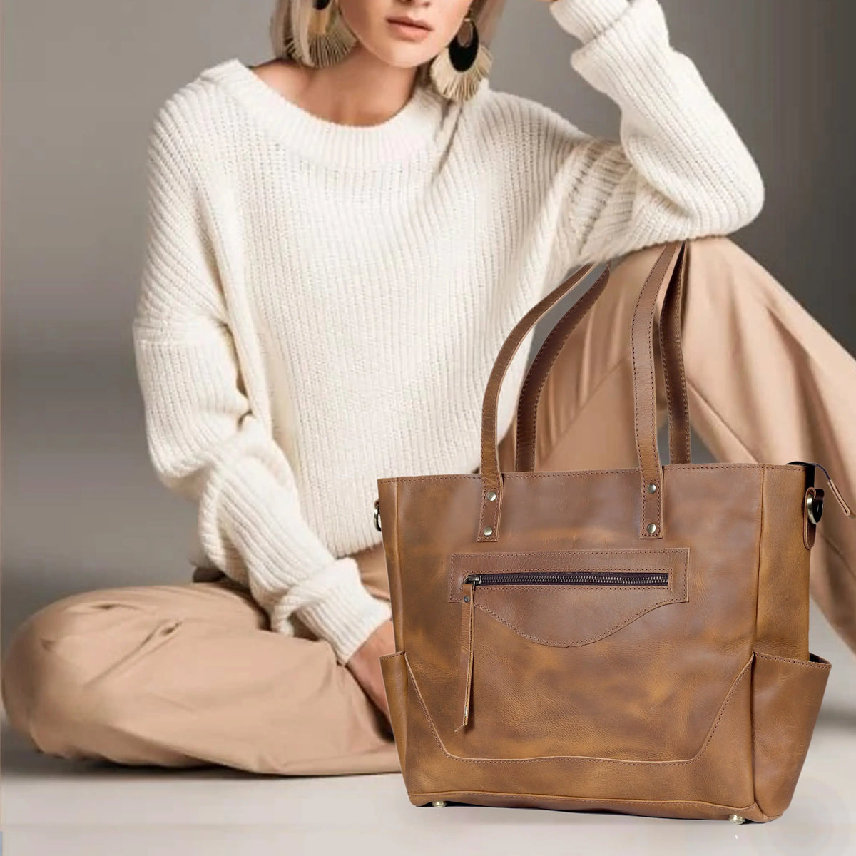 MARILYN BUFFALO LEATHER LAPTOP TOTE BAG - denverleathercraft