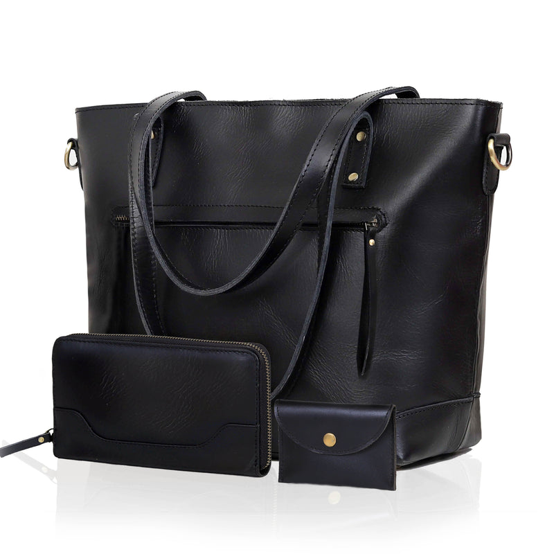 PORTLAND BUFFALO LEATHER TOTE BAG-BLACK - denverleathercraft