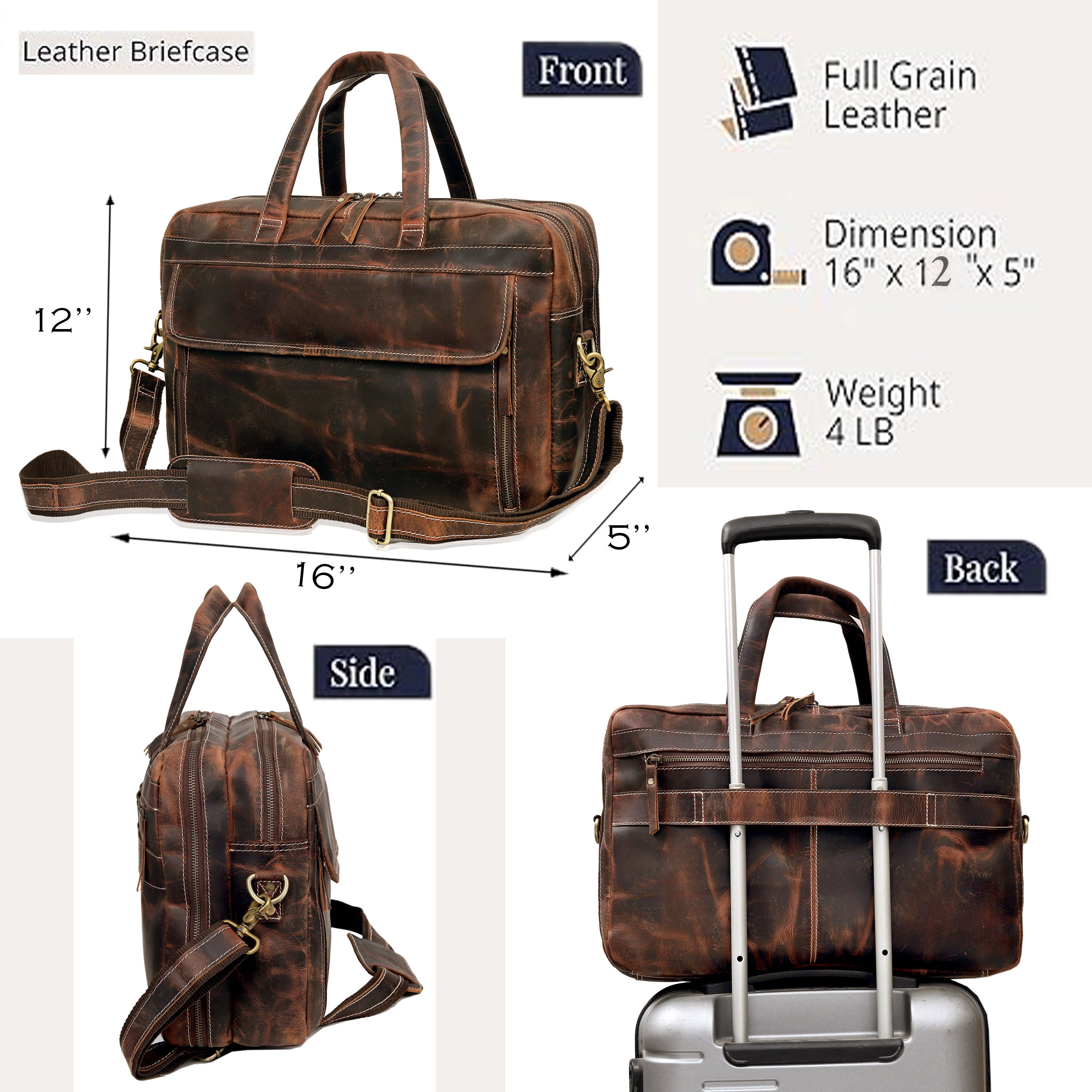 ナチュラルレザー　briefcase Justus Leather Briefcase - Handmade Leather Bags, Backpacks
