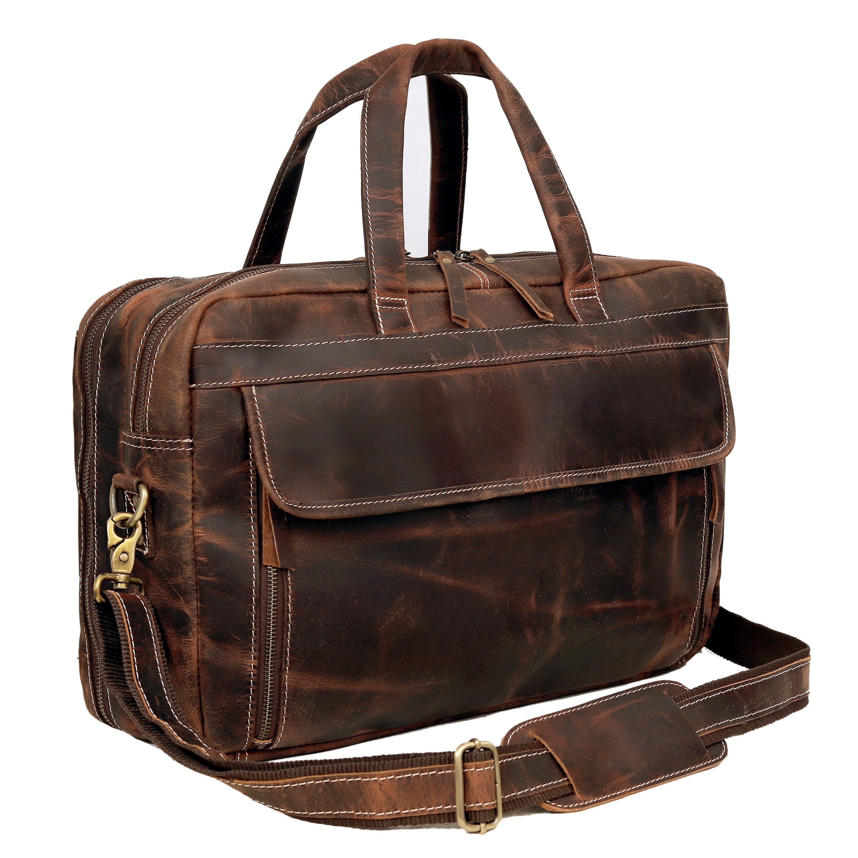 NEW YORK LEATHER BRIEFCASE BAG - BROWN