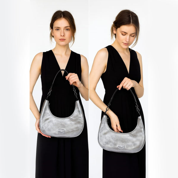 HALF MOON LEATHER PURSE - STEEL SILVER