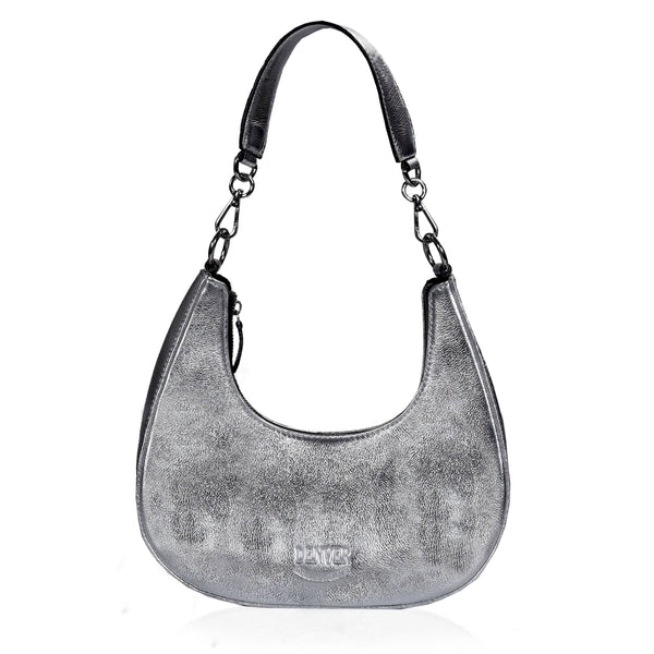 HALF MOON LEATHER PURSE - STEEL SILVER