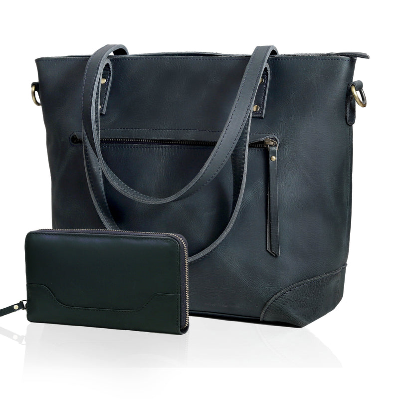 PORTLAND BUFFALO LEATHER TOTE BAG-NAVY - denverleathercraft