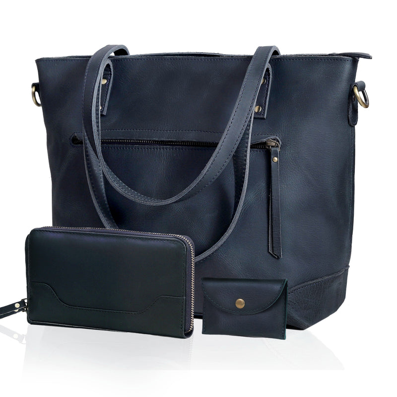 PORTLAND BUFFALO LEATHER TOTE BAG-NAVY - denverleathercraft
