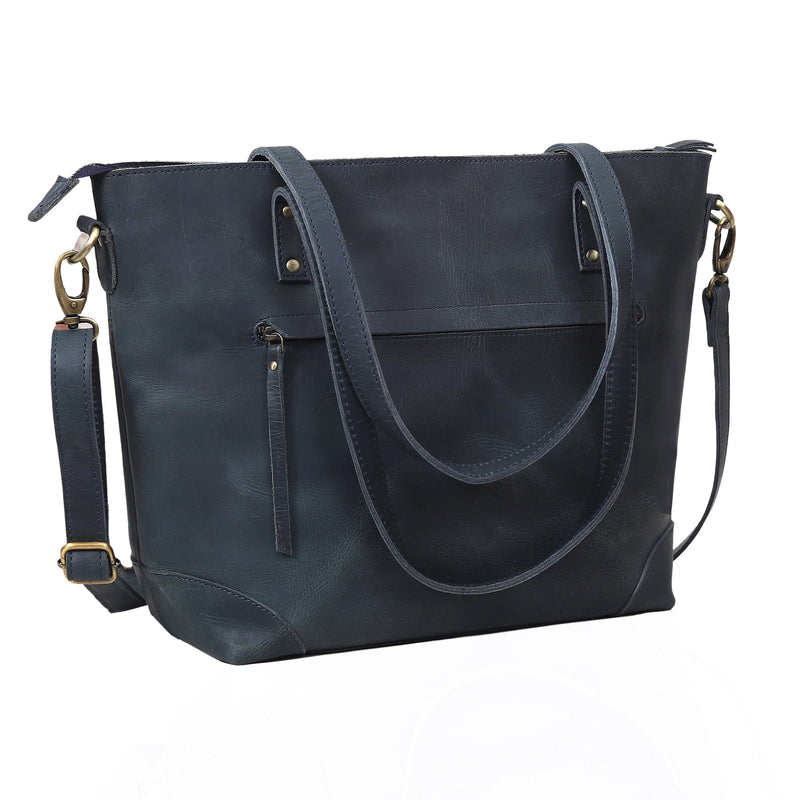 PORTLAND BUFFALO LEATHER TOTE BAG-NAVY - denverleathercraft