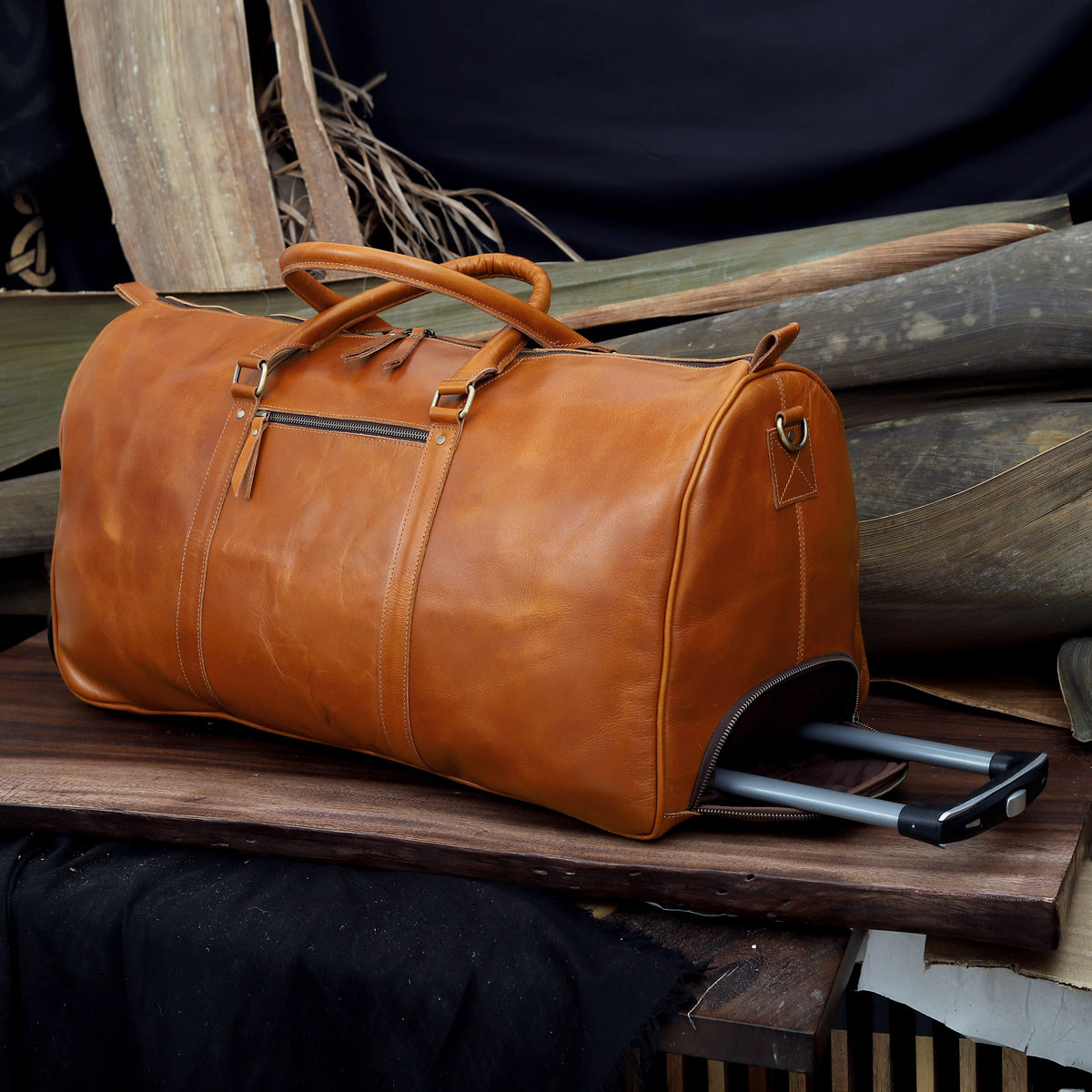 Premium Leather Trolley Duffle Bag - Tan