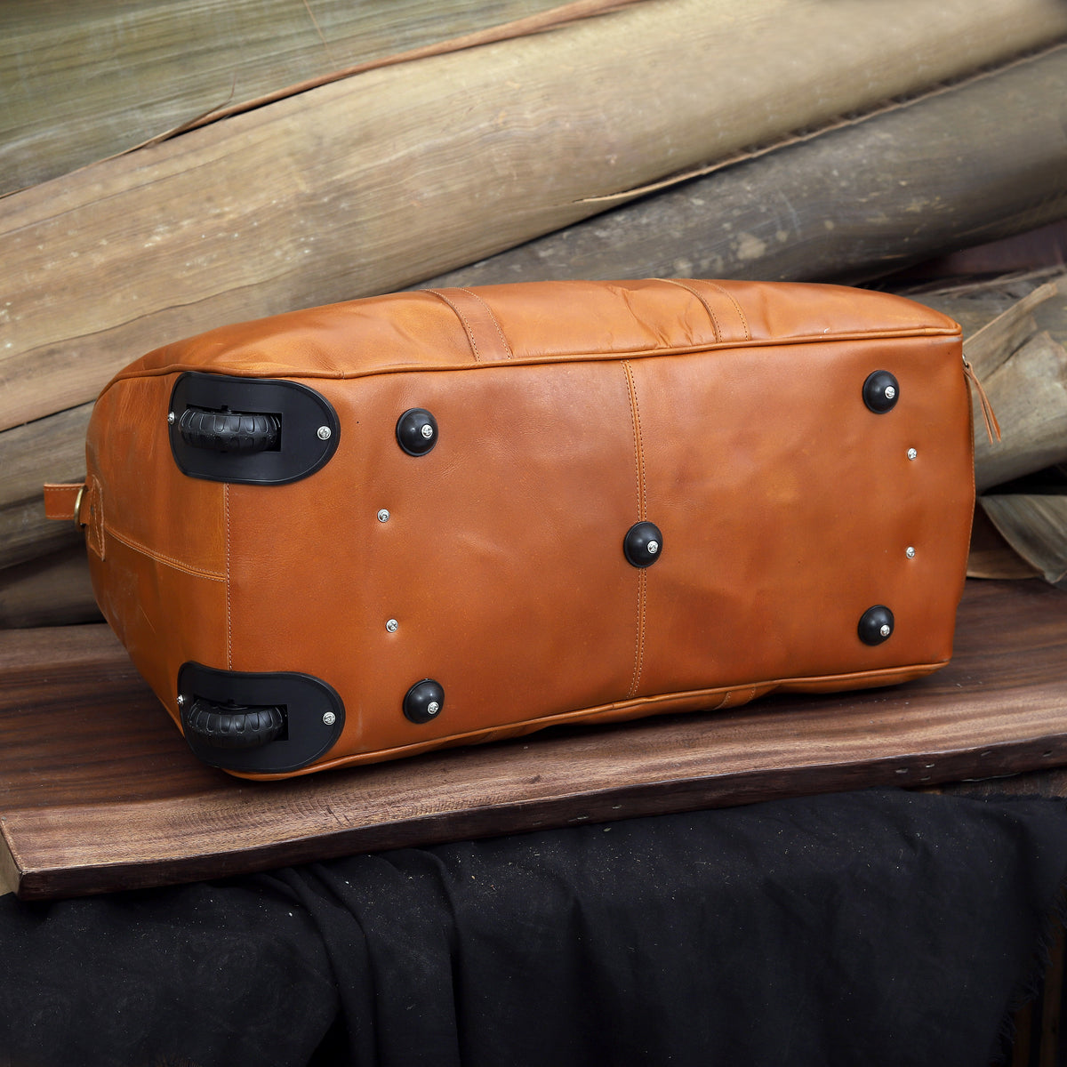 Premium Leather Trolley Duffle Bag - Tan