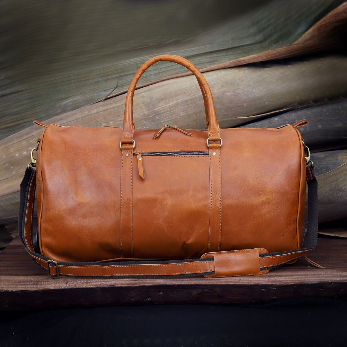 Premium Leather Trolley Duffle Bag - Tan