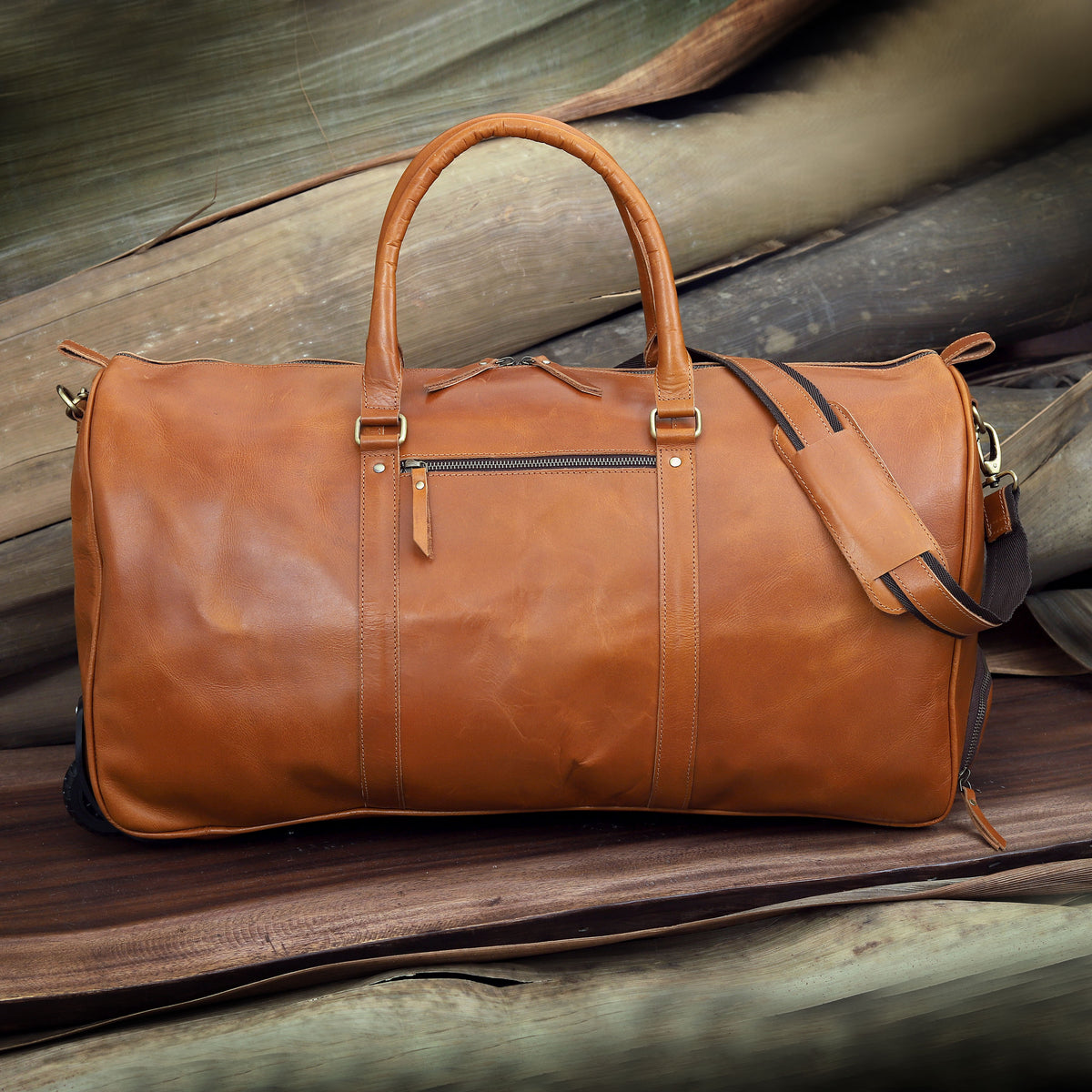 Premium Leather Trolley Duffle Bag - Tan