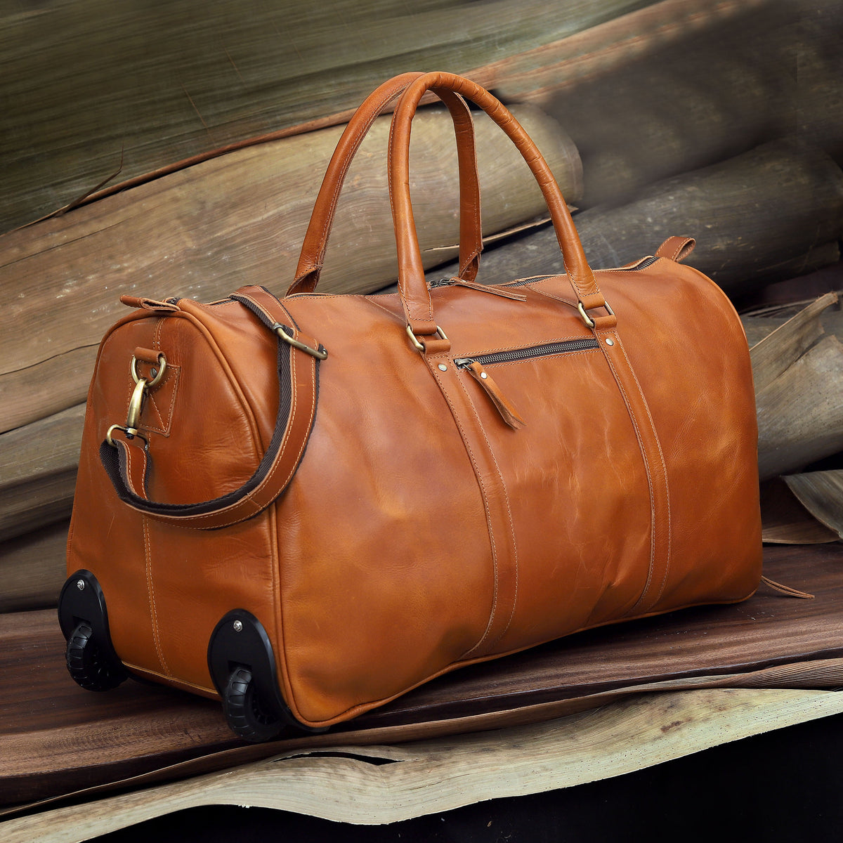 Premium Leather Trolley Duffle Bag - Tan