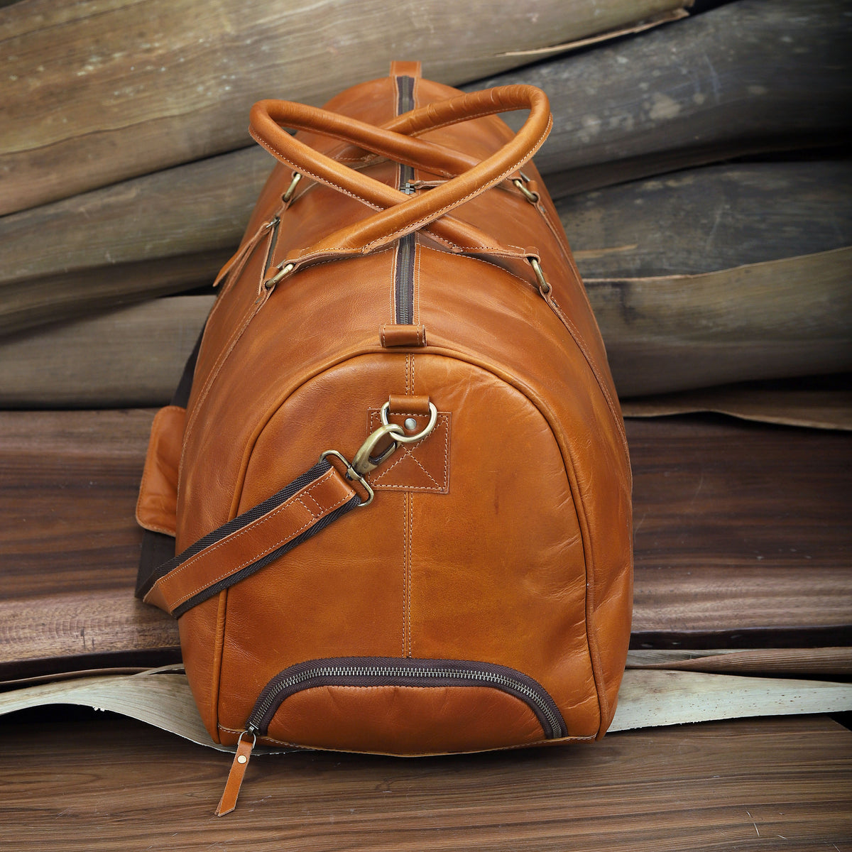 Premium Leather Trolley Duffle Bag - Tan