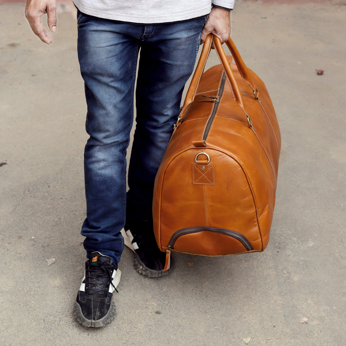 Premium Leather Trolley Duffle Bag - Tan