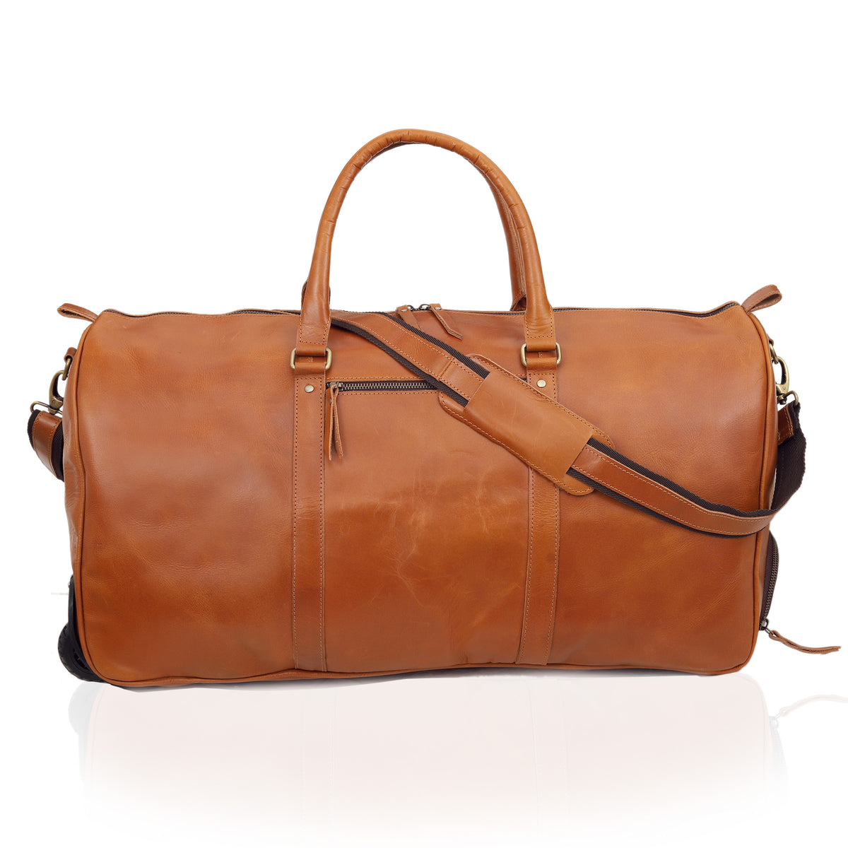 Premium Leather Trolley Duffle Bag - Tan