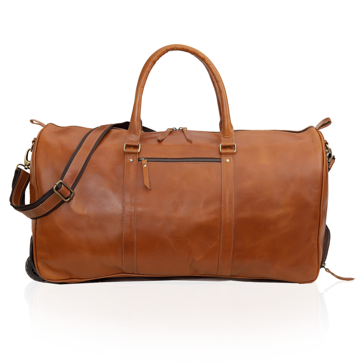 Premium Leather Trolley Duffle Bag - Tan