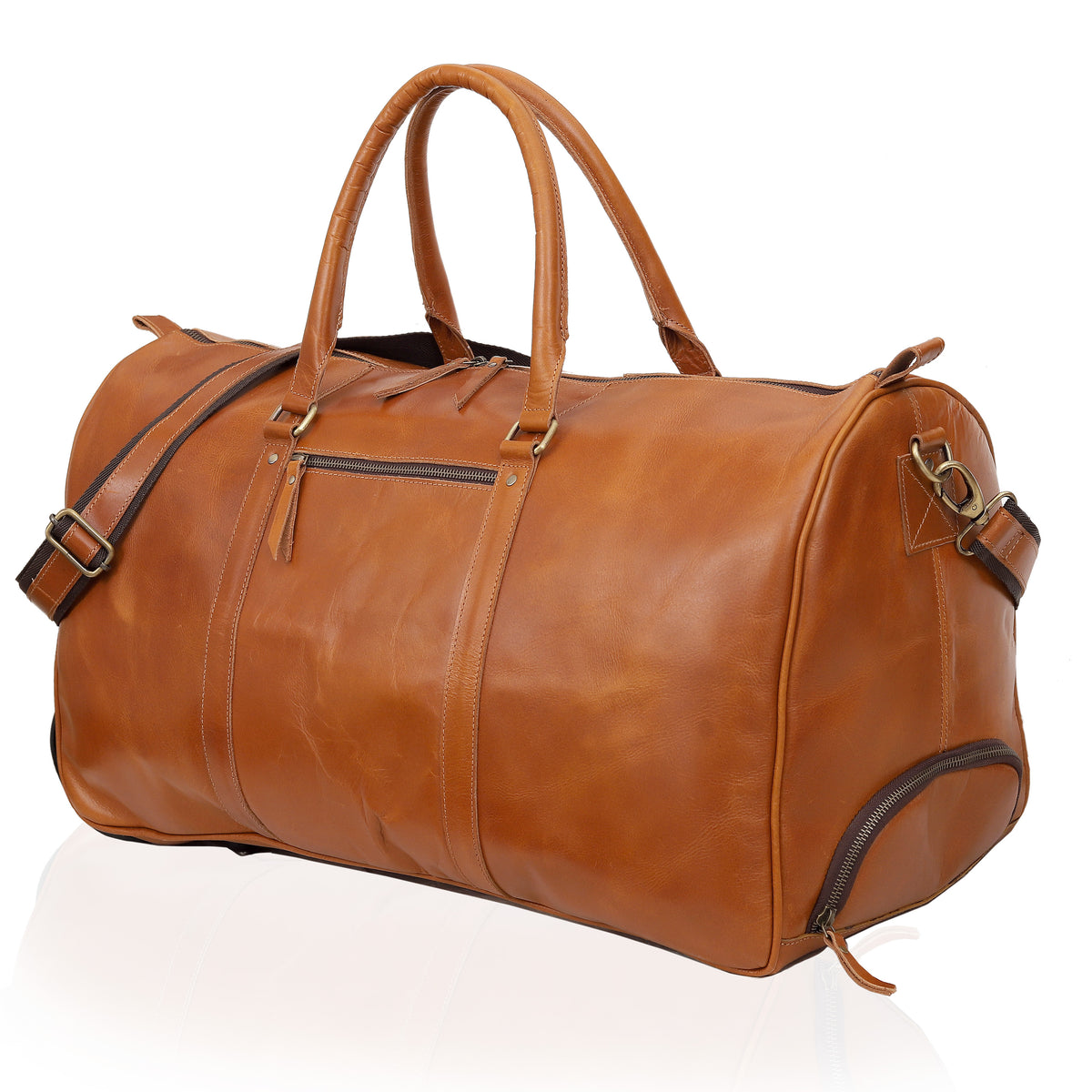 Premium Leather Trolley Duffle Bag - Tan
