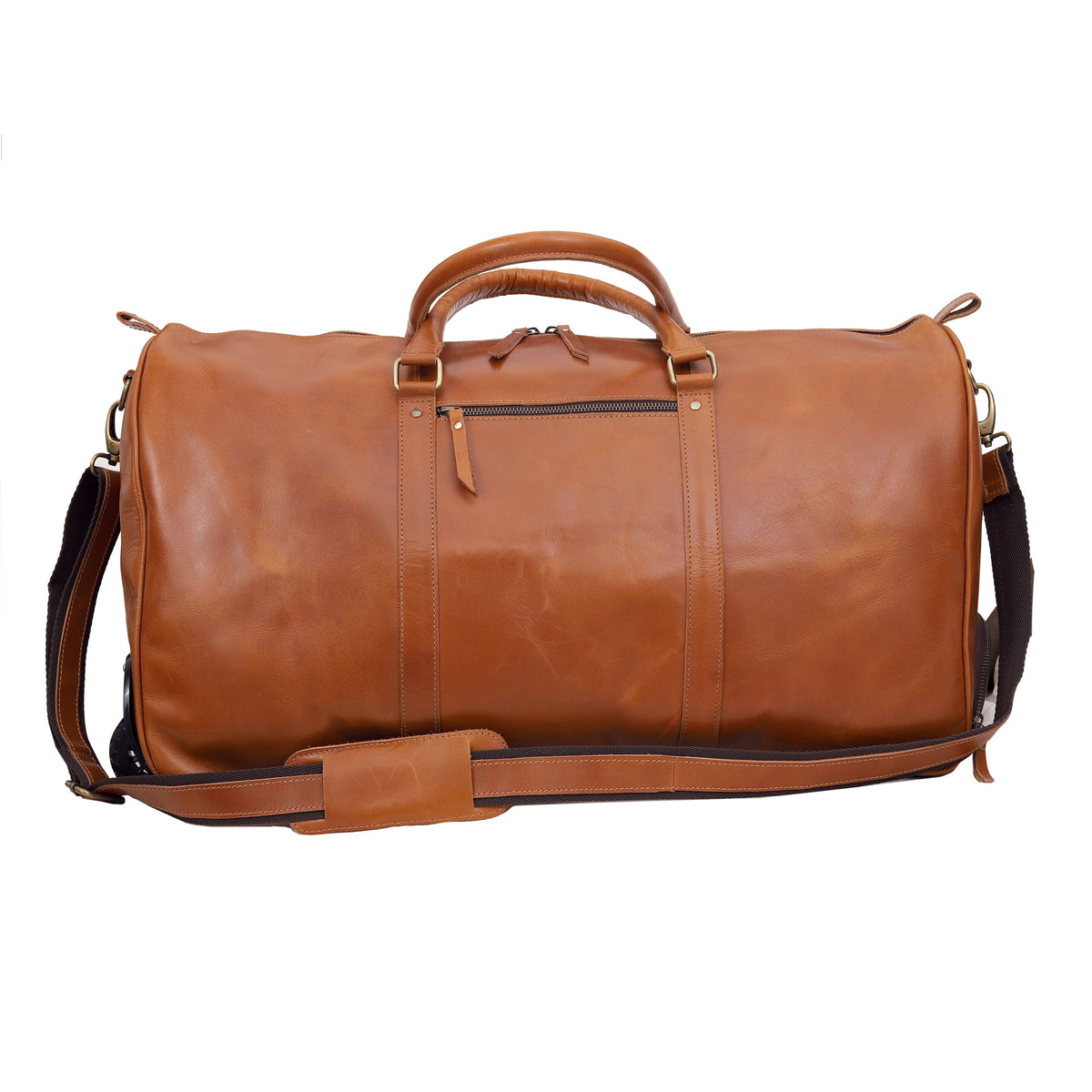Premium Leather Trolley Duffle Bag - Tan