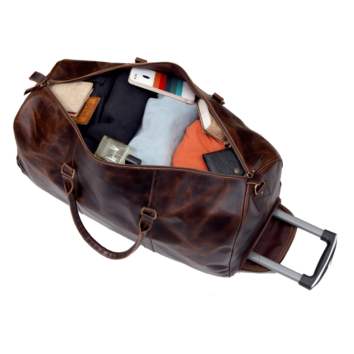 Premium Leather Trolley Duffle Bag - Brown