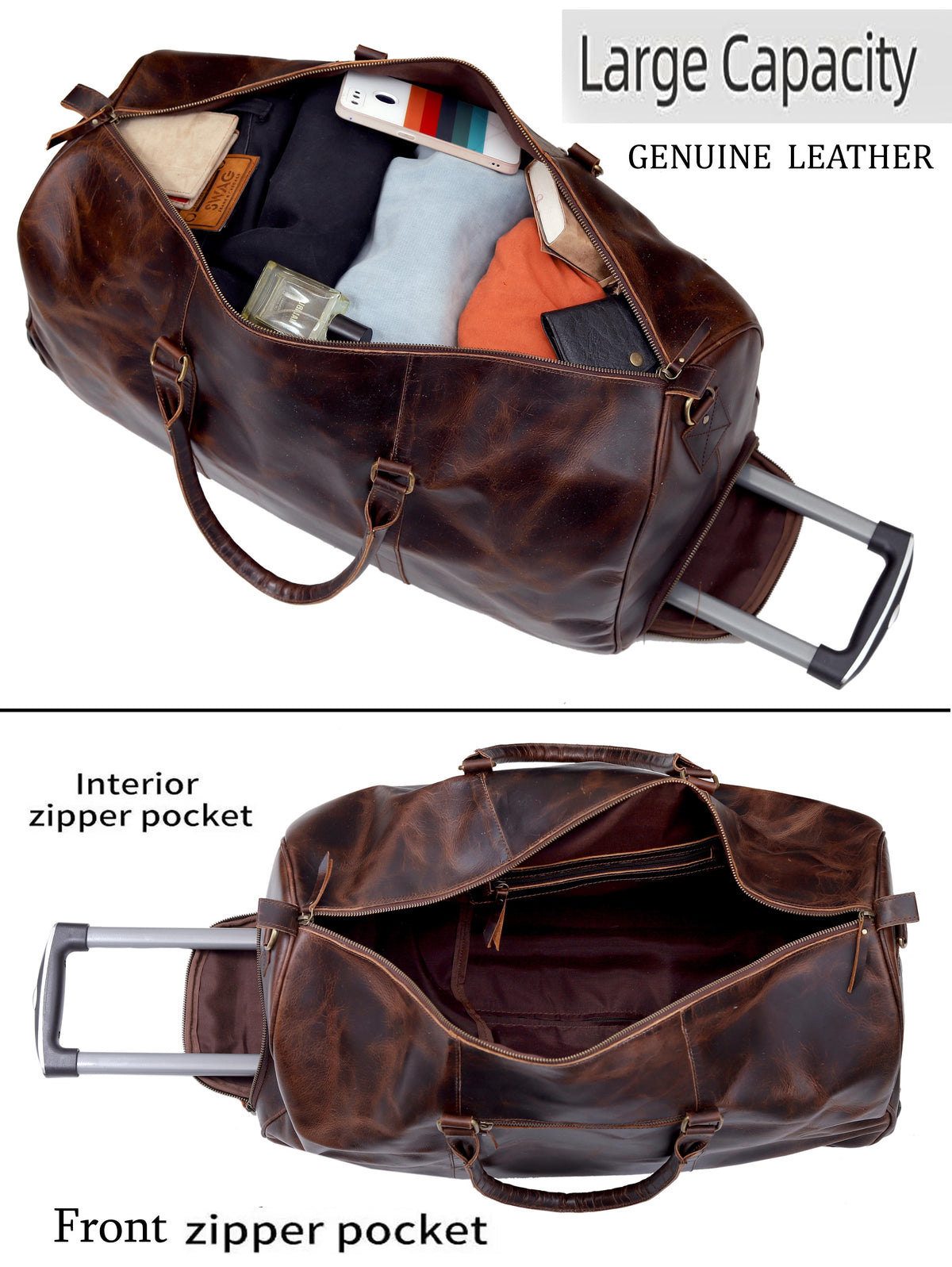 Premium Leather Trolley Duffle Bag - Brown
