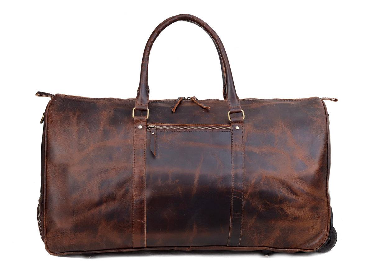Premium Leather Trolley Duffle Bag - Brown