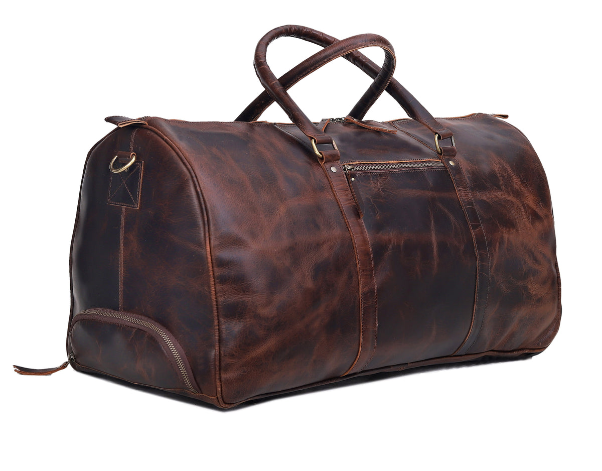 Premium Leather Trolley Duffle Bag - Brown