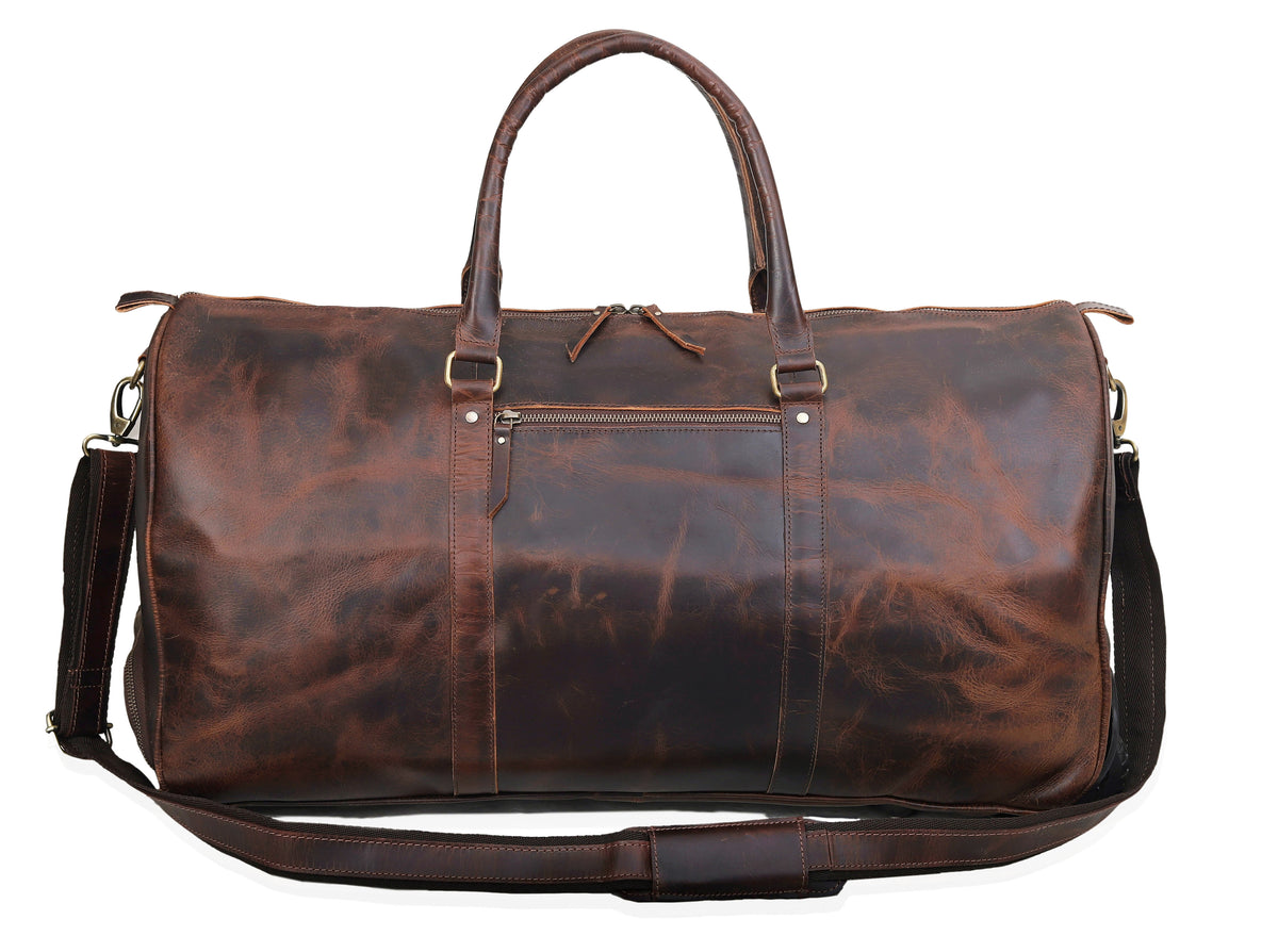 Premium Leather Trolley Duffle Bag - Brown
