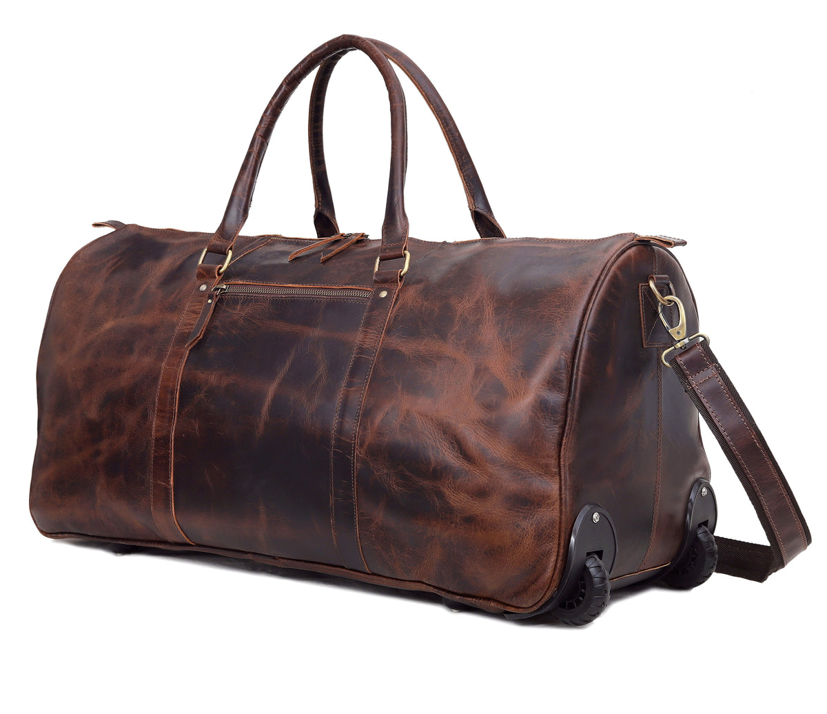 Premium Leather Trolley Duffle Bag - Brown