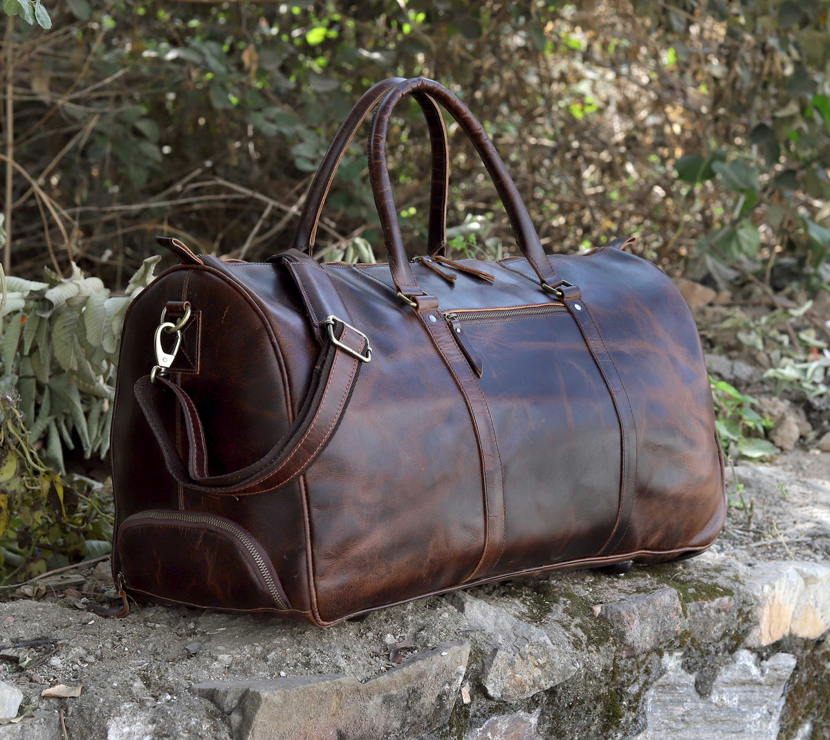 Premium Leather Trolley Duffle Bag - Brown