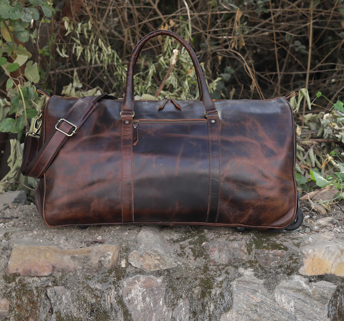 Premium Leather Trolley Duffle Bag - Brown