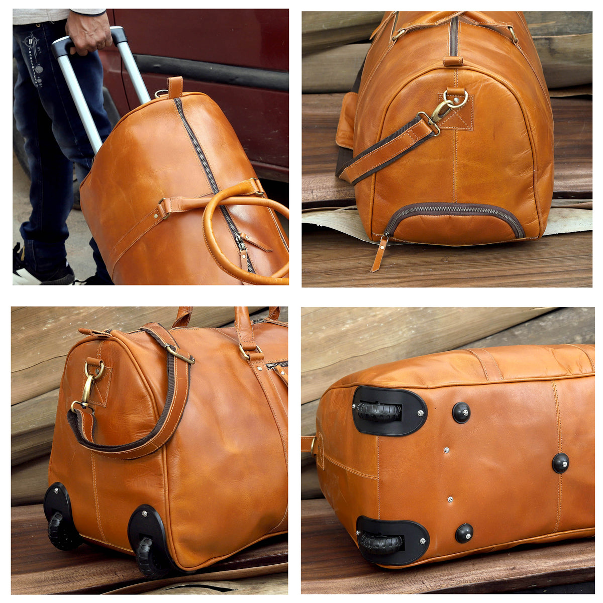 Premium Leather Trolley Duffle Bag - Tan